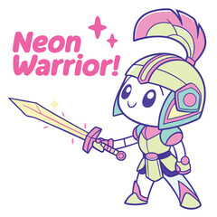 Colorful Neon Warrior Character with Sword and Playful Expression in Cartoon Style