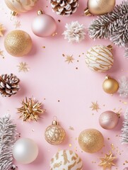 Fototapeta premium Merry Christmas background concept, winter holidays and happy new year card white gold wooden decorations frame border on pink pastel powdery table, flat lay, copy space, top close up view above