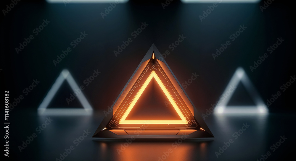 Poster dark abstract tech background with triangle neon shapes . generative ai