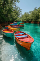 Obraz premium Colorful Boats Docked in Tropical Lagoon, Mangrove Trees Background, Tourism.