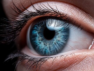 Close-Up View of Human Eye with Digital Circuit Pattern Overlaid, Symbolizing Technology, Vision, and Future Innovation in Modern Digital Space