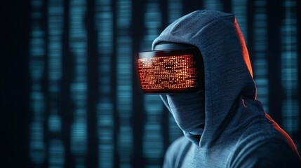 Futuristic Hooded Figure with High-Tech Virtual Reality Glasses Surrounded by Abstract Digital Code Representing AI and Cybersecurity Themes in a Dark Environment