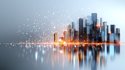 Fototapeta premium Urban transformation futuristic cityscape digital art reflective water aerial view modern architecture concept