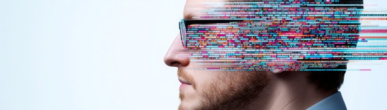 Man with futuristic glasses showcasing digital data streams representing technology, innovation, and the intersection of human intelligence and artificial intelligence.