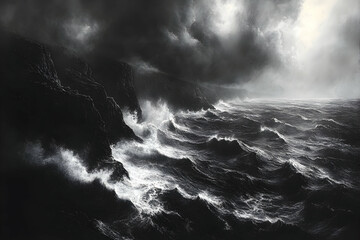 Obraz premium Dramatic Coastal Storm, Ocean Waves Crashing Against Rocky Cliffs, Dramatic Sky, Nature Photography, Art Print.