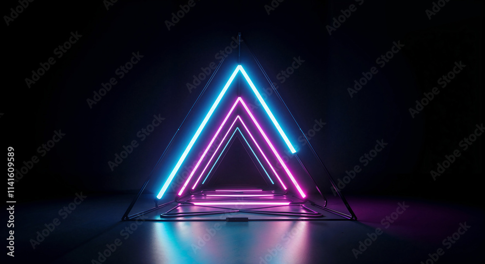 Poster dark abstract tech background with triangle neon shapes . generative ai