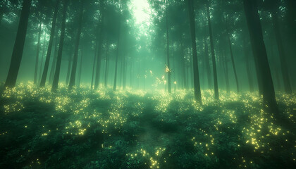 Obraz premium Enchanted Forest Glowing Fireflies in Misty Woods, Path leading into mystical light, fantasy background, game design.
