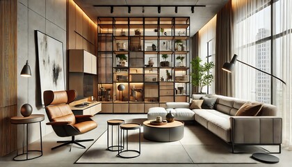 Fototapeta premium Modern Living Room with Geometric Shelves