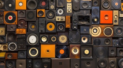 Wall of old vintage speakers, records, and audio equipment.
