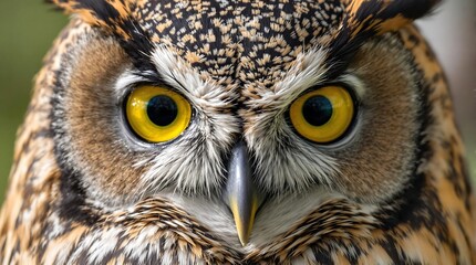 Obraz premium Close-up of an owl's face, highlighting its striking yellow eyes and detailed feather patterns