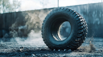 A detailed close-up of a rugged tire on a dusty surface, showcasing its texture and design.