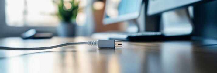 Close-up of a White USB Cable on a Wooden Desk in an Office Setting