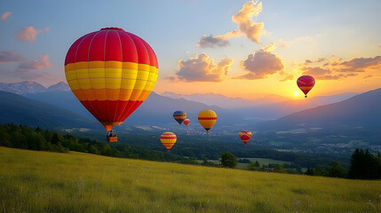 Obraz premium Hot air balloons fly over mountain valley sunset landscape; travel, adventure, freedom.