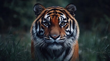 Fototapeta premium Majestic Tiger Portrait: A Close-Up Encounter with Nature's Apex Predator