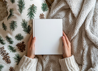 A mockup of an A5 white hardcover book lying on the bed, held by a woman's hands in a cozy home environment with pine tree pattern pillows and a throw blanket