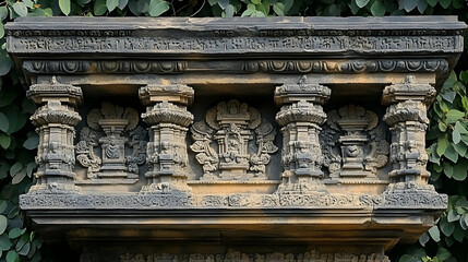 Intricate Stone Carving, Temple Detail, India, Lush Foliage, History.