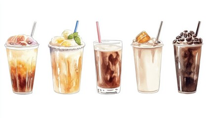 Artistic set of coffee beans and coffee cup drinks isolated on white background,hand-drawn vector,hot coffee drinks,bubble tea,cafe shop,modern flat design,Fashionable and cute coffee motif concept.