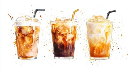 Watercolor of ice coffee in glass,americano coffee,iced cold brew coffee in plastic takeout cup,Ice latte,Drink element,menu Hot and cold coffee beverage,promotion, marketing, banner.