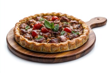 Board with delicious meat pie isolated on white background 