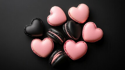 Obraz premium Pink and black Heart macarons isolated on a white background,Love romantic,Happy Valentines Day,Macaroons cake creative layout,Sweet collection and design element, Flat lay.