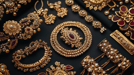 Obraz premium Top view of traditional handmade jewelry with golden embellishments, displayed elegantly on a clean backdrop.