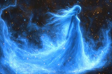 A mystical female figure made of ethereal blue energy moves gracefully through a starry cosmic landscape.