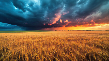 A golden wheat field under a dramatic stormy sky with sunlight breaking through clouds