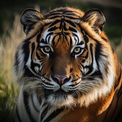 Fototapeta premium Majestic Tiger Closeup: Wild Cat Portrait in Nature