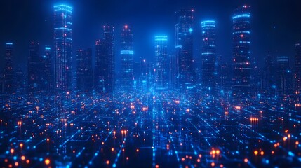 Obraz premium A futuristic cityscape with glowing blue skyscrapers and a network of lights, creating a vibrant digital atmosphere.
