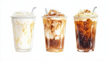 Artistic set of coffee beans and coffee cup drinks isolated on white background,hand-drawn vector,hot coffee drinks,bubble tea,cafe shop,modern flat design,Fashionable and cute coffee motif concept.