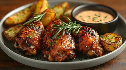 Fototapeta premium A delicious plate featuring grilled chicken thighs with roasted potatoes and a creamy dipping sauce, garnished with fresh herbs.