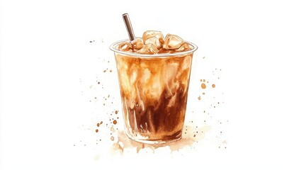 Watercolor of ice coffee in glass,americano coffee,iced cold brew coffee in plastic takeout cup,Ice latte,Drink element,menu Hot and cold coffee beverage,promotion, marketing, banner.