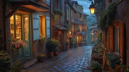 Fototapeta premium Cozy cobblestone street with glowing shops and flowers at dusk.