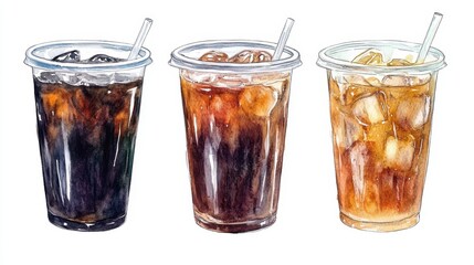 Watercolor of ice coffee in glass,americano coffee,iced cold brew coffee in plastic takeout cup,Ice latte,Drink element,menu Hot and cold coffee beverage,promotion, marketing, banner.