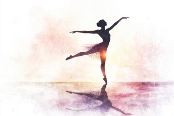 A graceful ballerina performs elegantly on stage, captured in a beautiful silhouette against a dreamy background.