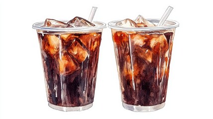 Watercolor of ice coffee in glass,americano coffee,iced cold brew coffee in plastic takeout cup,Ice latte,Drink element,menu Hot and cold coffee beverage,promotion, marketing, banner.