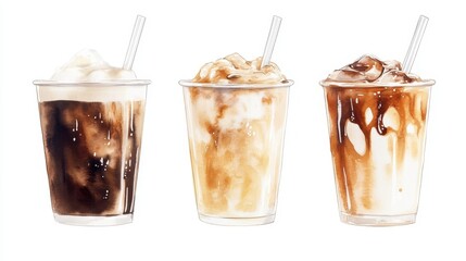 Watercolor of ice coffee in glass,americano coffee,iced cold brew coffee in plastic takeout cup,Ice latte,Drink element,menu Hot and cold coffee beverage,promotion, marketing, banner.