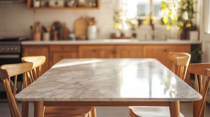 Fototapeta premium Modern Kitchen with Marble Table and Wooden Chairs