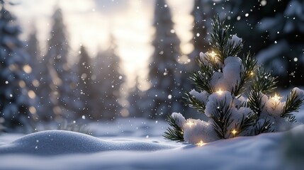 A tranquil winter scene with snow-covered trees, delicate snowflakes, and an air of calmness,