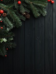 Merry Christmas and Happy New Year, postcard with garland, Christmas tree branches and black wood texture on the background