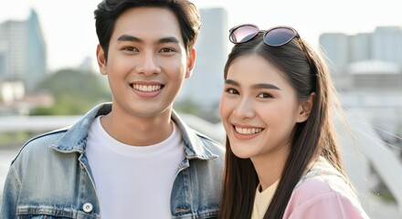 Young asian couple smiling outdoors in urban setting