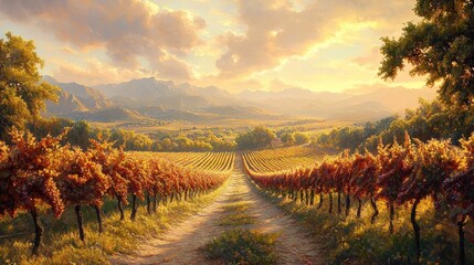 Naklejka premium Autumnal vineyard path, sunlit valley, distant mountains.