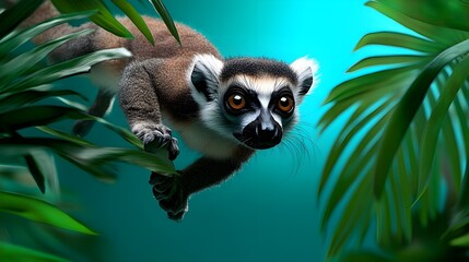 Fototapeta premium Curious Lemur Peering Through Vibrant Jungle Leaves Against a Bright Teal Background, Highlighting Its Expressive Golden Eyes, Playful Pose, and Captivating Tropical Atmosphere