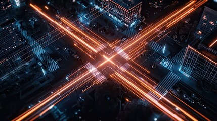 A vibrant urban intersection at night, with glowing neon lights and a symmetrical futuristic aesthetic