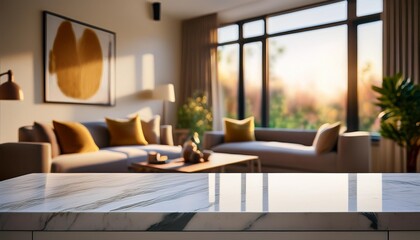 A sleek marble countertop with a blurred backdrop of a sunlit modern living room provides a clean and elegant setting for product photography or interior design inspiration