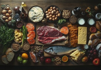 A Bountiful Spread of Fresh Ingredients and Gourmet Foods Featuring Meat, Fish, Eggs, Dairy, Vegetables, Fruits, Grains, and Artisan Breads on a Rustic Wooden Table