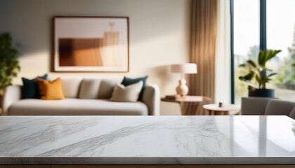The blurred living room bathed in warm sunlight adds depth and context to the image, making it ideal for showcasing products or interior design concepts