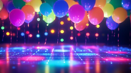 Vibrant dance floor with colorful lights at a child's birthday party surrounded by festive balloon decorations, creating a joyful celebration atmosphere for kids and families
