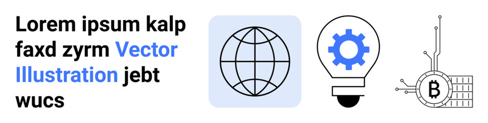 Text block, globe with blue background, lightbulb with gear, and Bitcoin circuit icon. Ideal for tech websites, blockchain, innovation, cryptocurrency, educational content, presentations