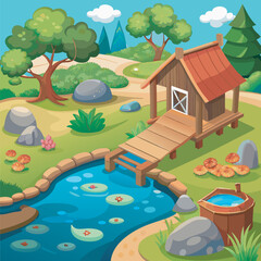 Fototapeta premium A cozy cottage by a pond in a lush green landscape.